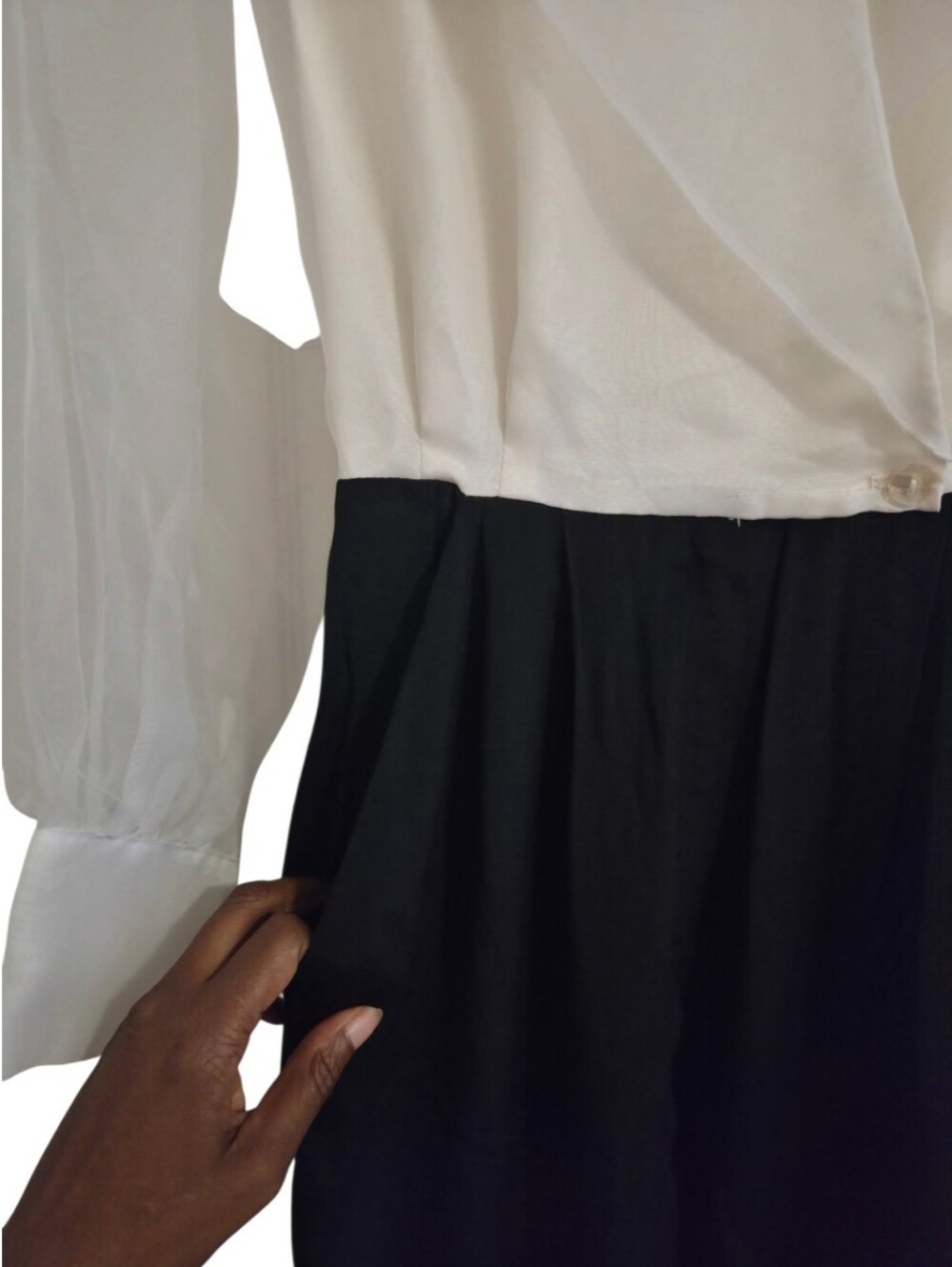 Vintage 80s Positively Ellyn Tuxedo Jumpsuit Size 4 Sheer Sleeve Black Ivory - Picture 7 of 12